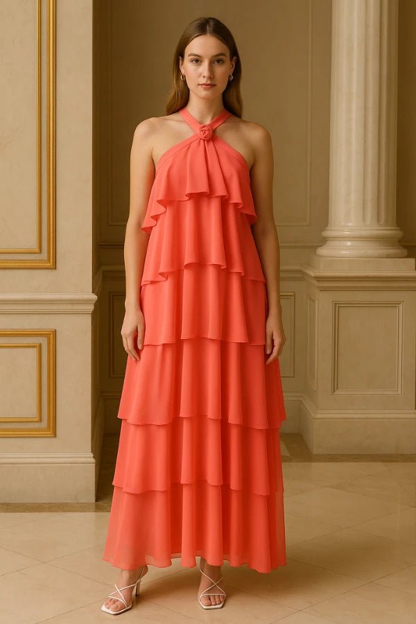 Elegant gown featuring a halter neckline and tiered design, perfect for formal occasions. 13