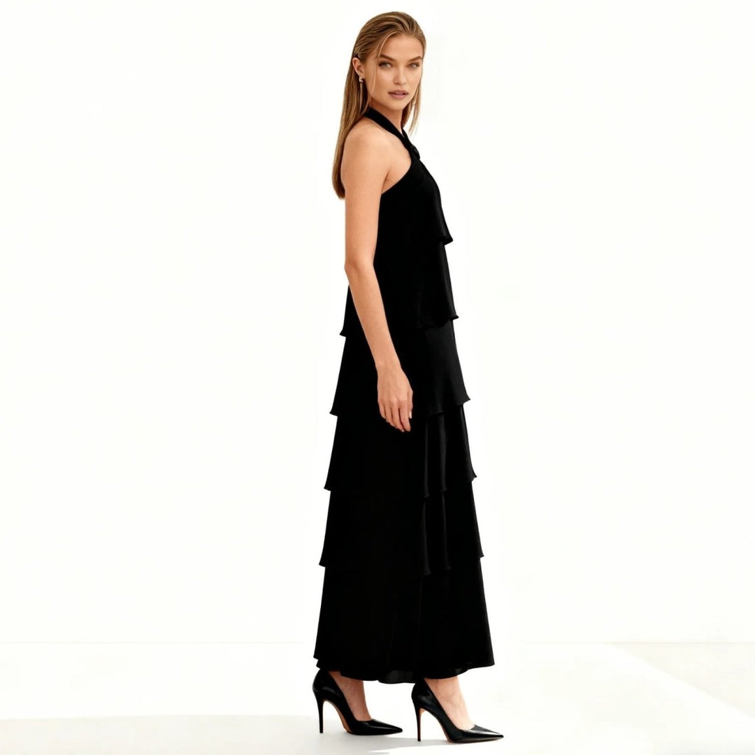 Elegant gown featuring a halter neckline and tiered design, perfect for formal occasions. 2