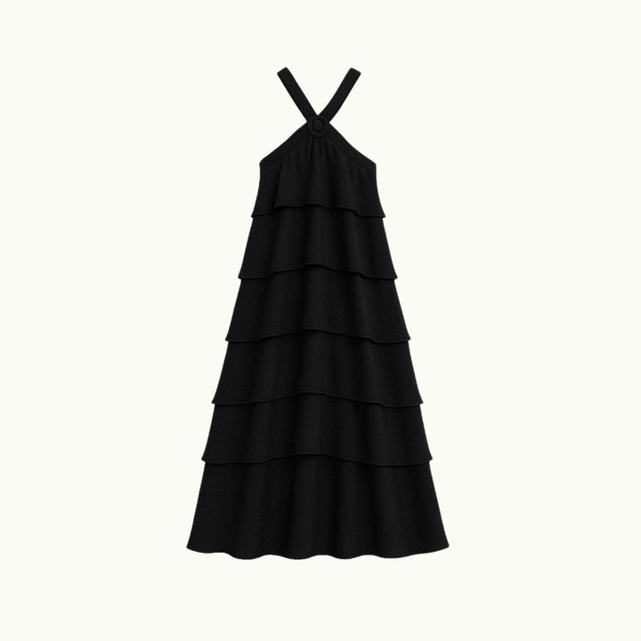 Elegant gown featuring a halter neckline and tiered design, perfect for formal occasions. 6