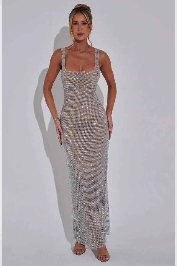 Elegant gown featuring a modern square neckline with a flowing silhouette, perfect for formal occasions. 0
