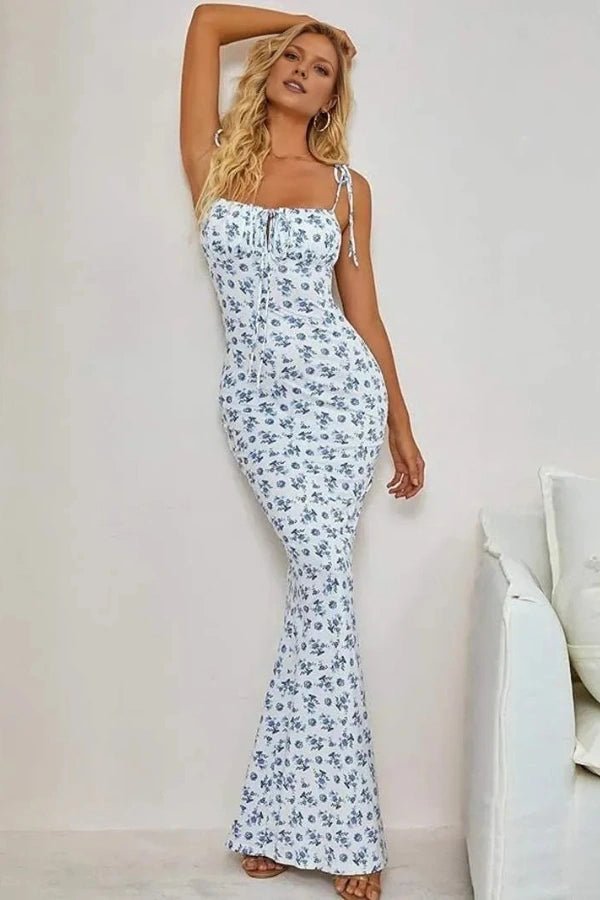 Elegant mermaid gown with a floral print design, featuring a fitted silhouette, perfect for formal occasions. 0