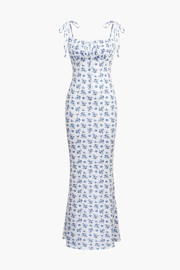 Elegant mermaid gown with a floral print design, featuring a fitted silhouette, perfect for formal occasions. 5