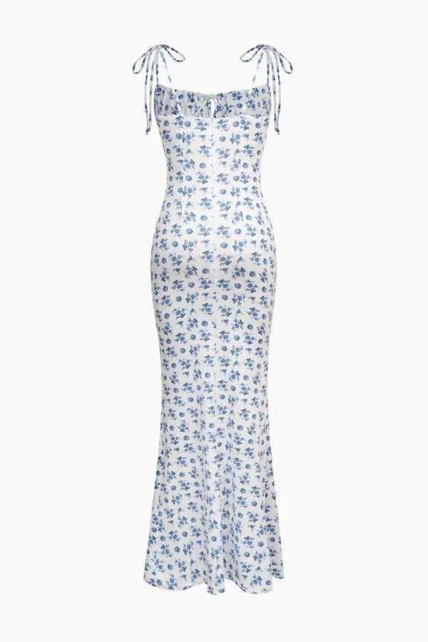 Elegant mermaid gown with a floral print design, featuring a fitted silhouette, perfect for formal occasions. 6