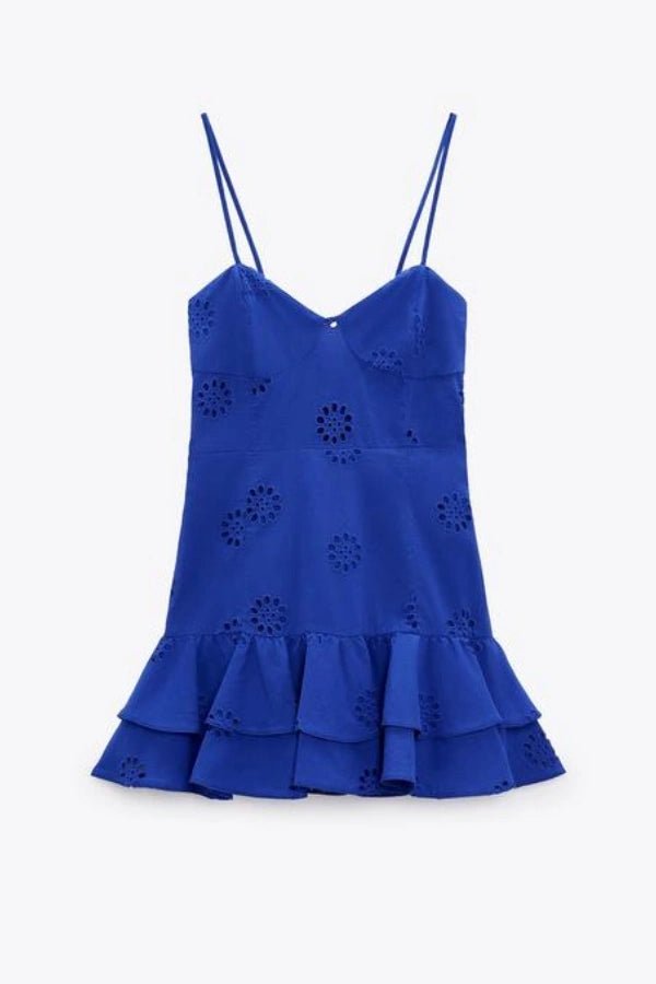 Elegant midi dress featuring broderie anglaise cutouts, perfect for formal occasions. 3