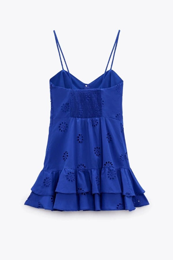 Elegant midi dress featuring broderie anglaise cutouts, perfect for formal occasions. 4