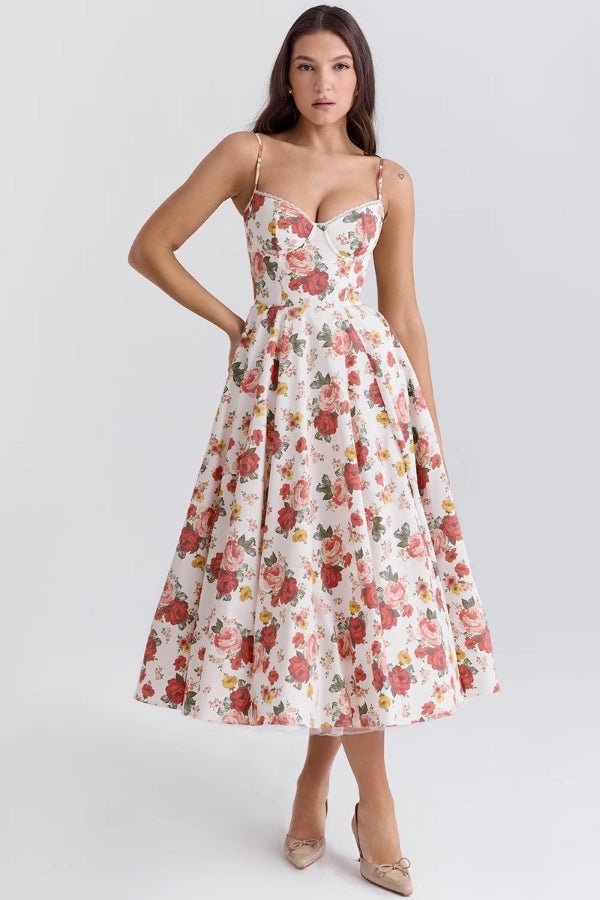 Elegant midi dress featuring a flowing tulle skirt, perfect for formal occasions. 1