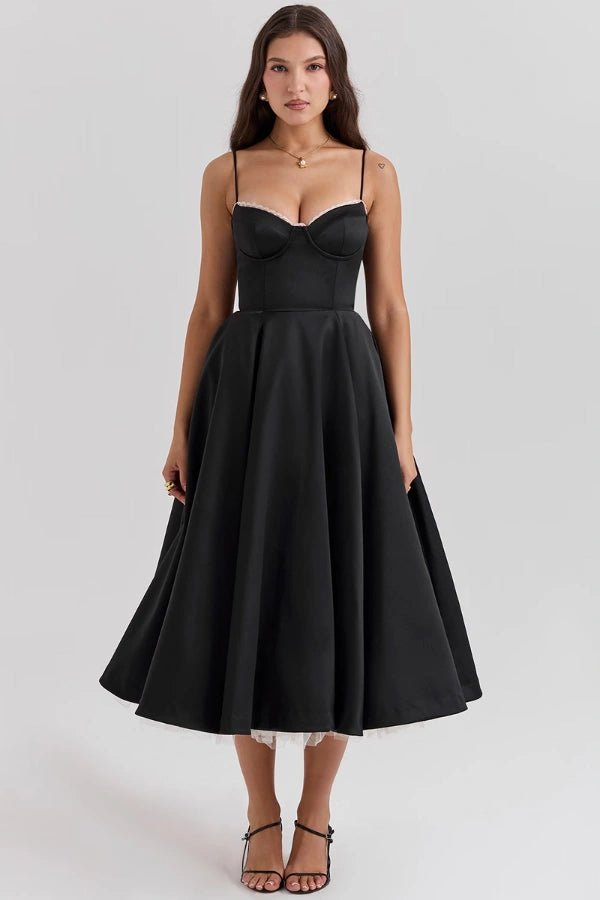 Elegant midi dress featuring a flowing tulle skirt, perfect for formal occasions. 7