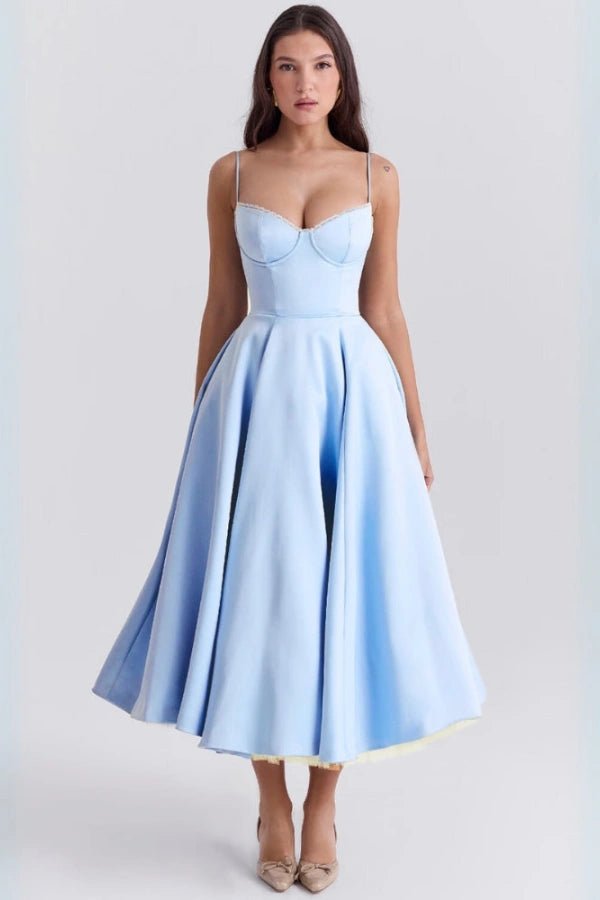 Elegant midi dress featuring a flowing tulle skirt, perfect for formal occasions. 8