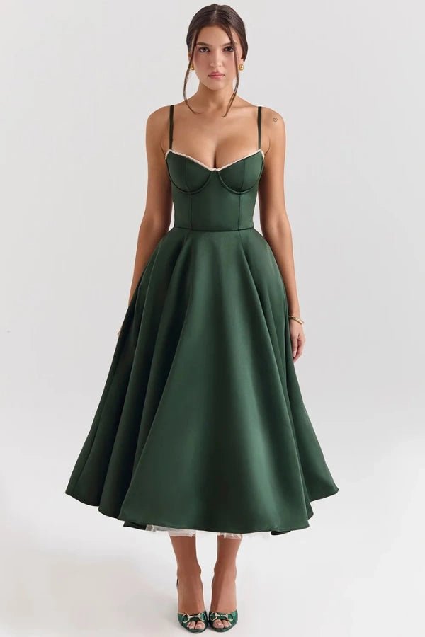 Elegant midi dress featuring a flowing tulle skirt, perfect for formal occasions. 9