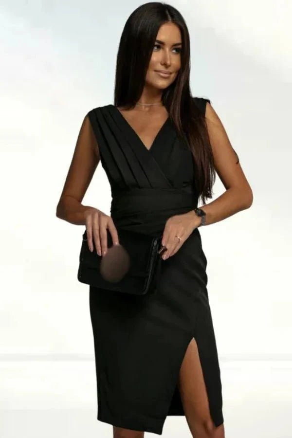 A flattering midi dress featuring a V-neck and a stylish slit, perfect for formal occasions. 0