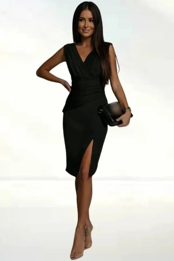 A flattering midi dress featuring a V-neck and a stylish slit, perfect for formal occasions. 1