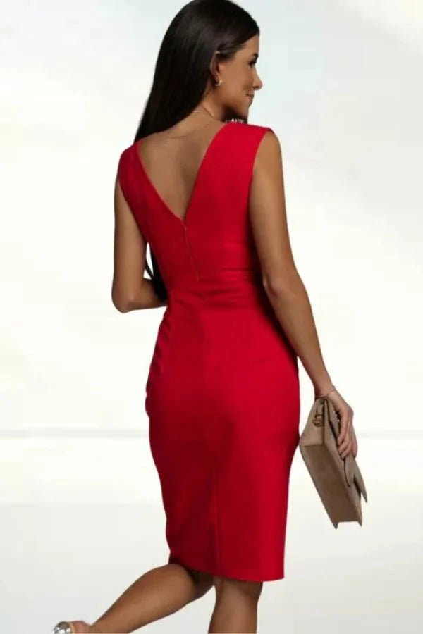 A flattering midi dress featuring a V-neck and a stylish slit, perfect for formal occasions. 8