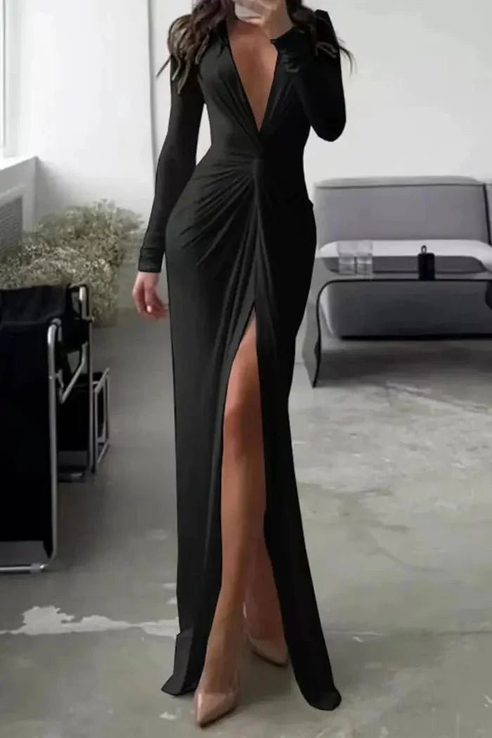 Elegant midi dress featuring a flattering V-neckline and pleated design, suitable for formal occasions. 1