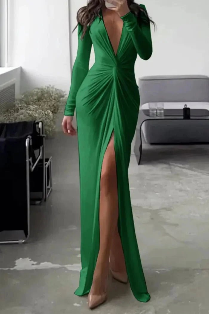 Elegant midi dress featuring a flattering V-neckline and pleated design, suitable for formal occasions. 10