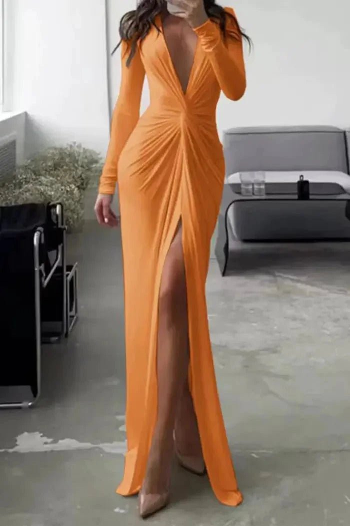Elegant midi dress featuring a flattering V-neckline and pleated design, suitable for formal occasions. 11