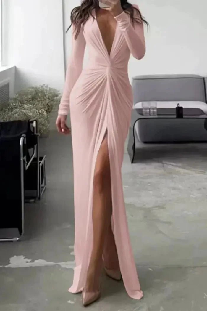 Elegant midi dress featuring a flattering V-neckline and pleated design, suitable for formal occasions. 12