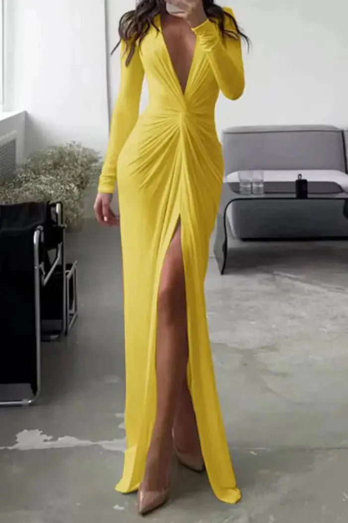 Elegant midi dress featuring a flattering V-neckline and pleated design, suitable for formal occasions. 13