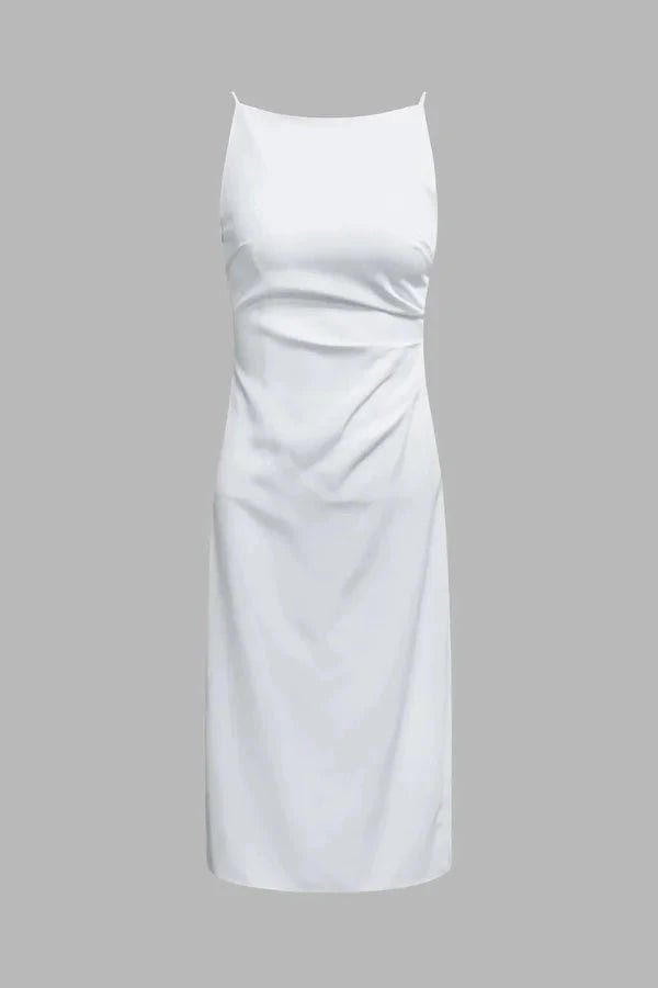 Elegant midi dress with a flowy silhouette, featuring a sleeveless straight neck design, perfect for formal occasions. 3