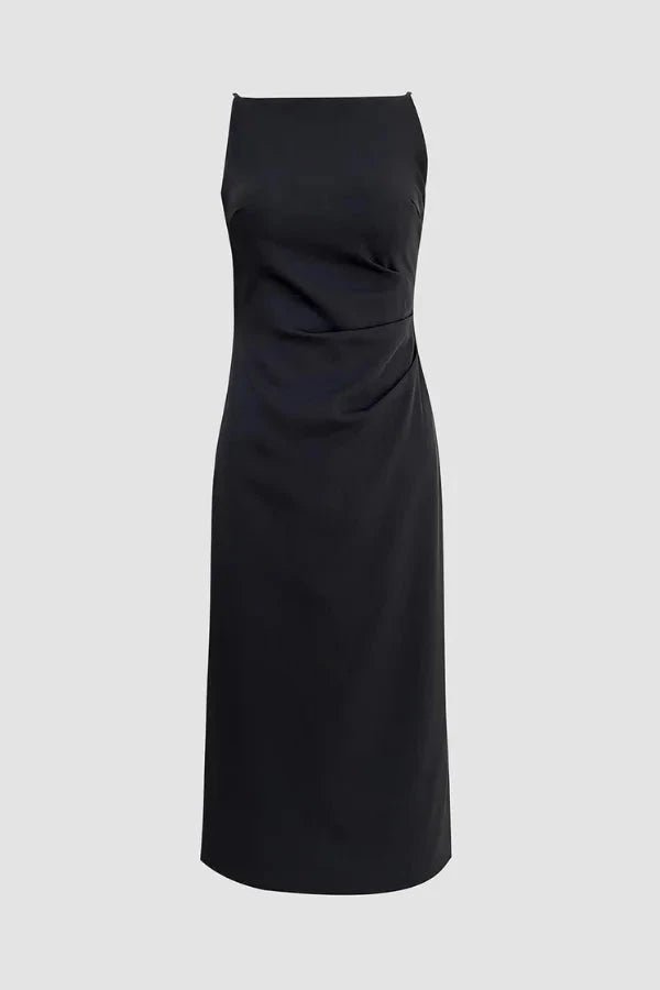 Elegant midi dress with a flowy silhouette, featuring a sleeveless straight neck design, perfect for formal occasions. 4