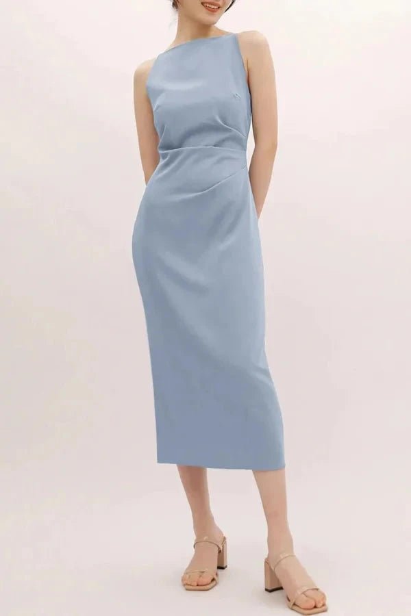 Elegant midi dress with a flowy silhouette, featuring a sleeveless straight neck design, perfect for formal occasions. 5