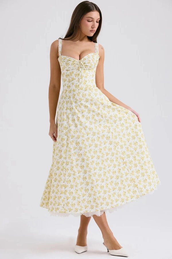 Elegant midi dress featuring a gathered bust and lace trim, designed with a flattering silhouette for formal occasions. 0