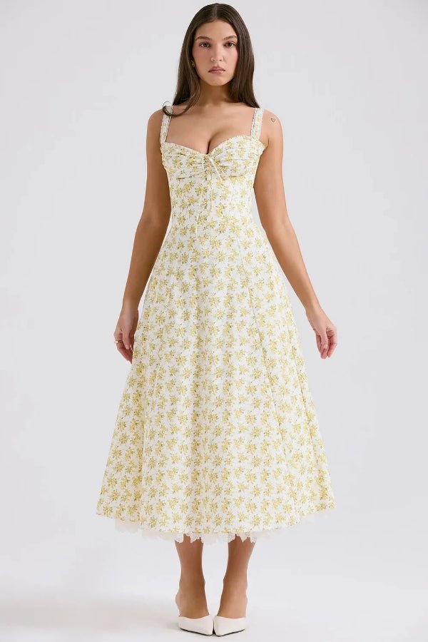 Elegant midi dress featuring a gathered bust and lace trim, designed with a flattering silhouette for formal occasions. 1