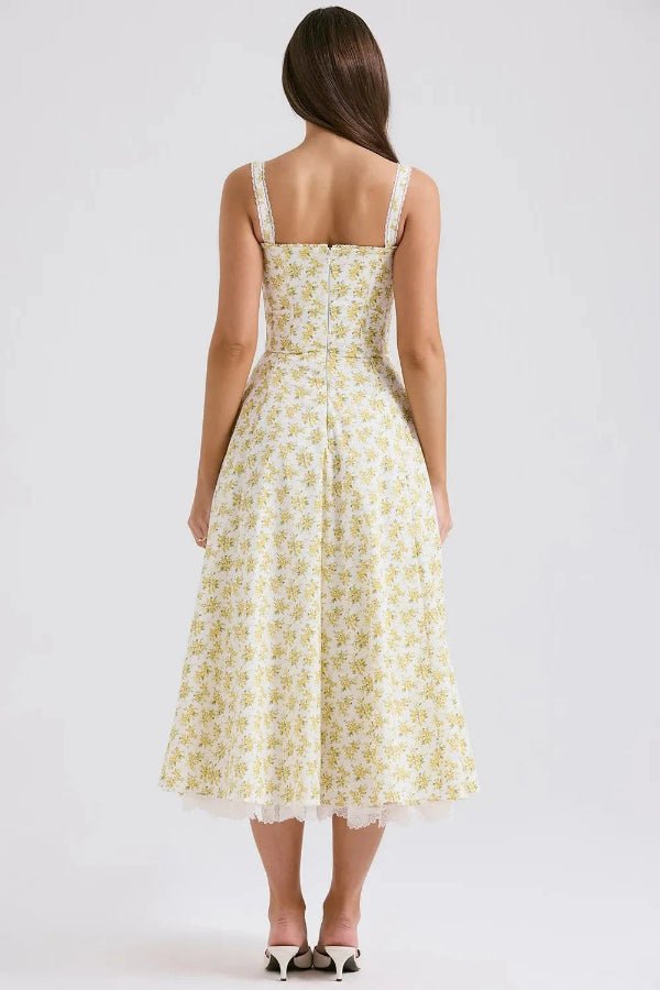 Elegant midi dress featuring a gathered bust and lace trim, designed with a flattering silhouette for formal occasions. 2