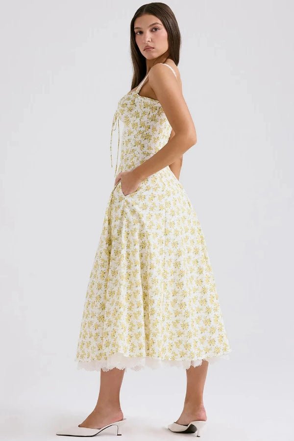 Elegant midi dress featuring a gathered bust and lace trim, designed with a flattering silhouette for formal occasions. 3