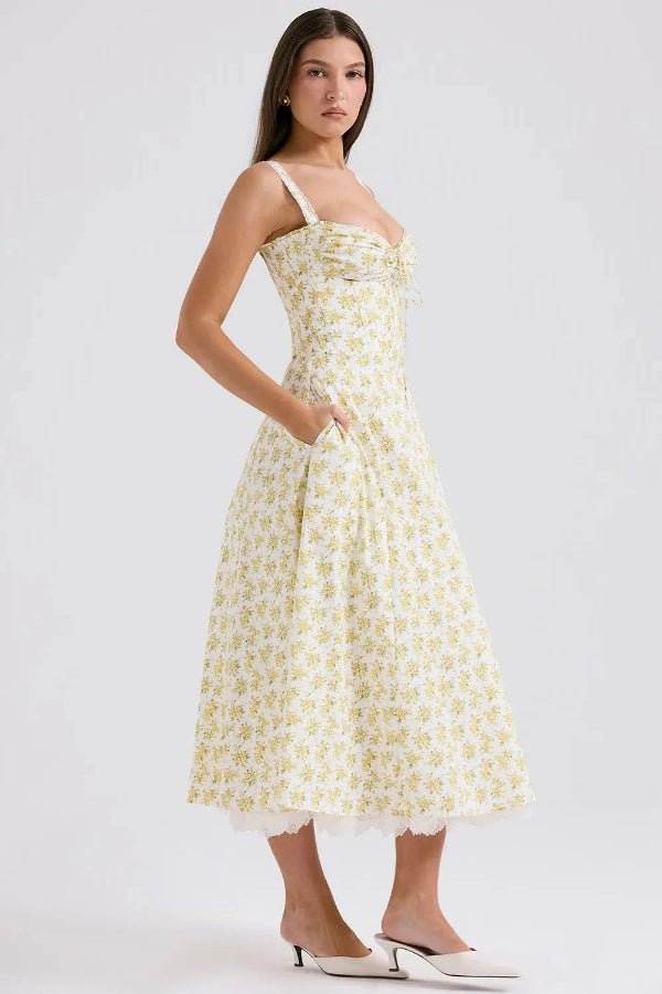 Elegant midi dress featuring a gathered bust and lace trim, designed with a flattering silhouette for formal occasions. 4