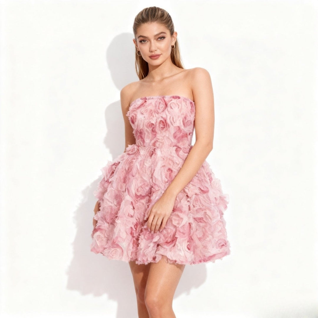 Elegant midi dress featuring a hand-sculpted rosette design, with a fitted silhouette ideal for formal occasions. 0