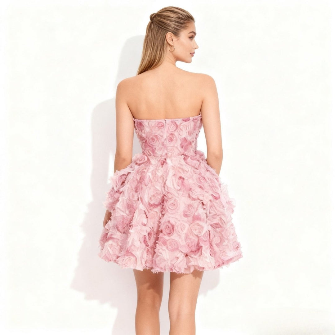 Elegant midi dress featuring a hand-sculpted rosette design, with a fitted silhouette ideal for formal occasions. 2