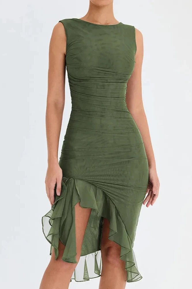 Elegant midi dress featuring a high scooped neckline and a ruffled hem, perfect for formal occasions. 10