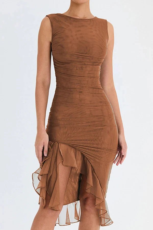 Elegant midi dress featuring a high scooped neckline and a ruffled hem, perfect for formal occasions. 12