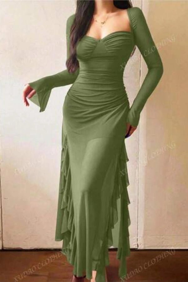 Midi dress featuring long sleeves and ruffle trim, perfect for formal occasions. 0