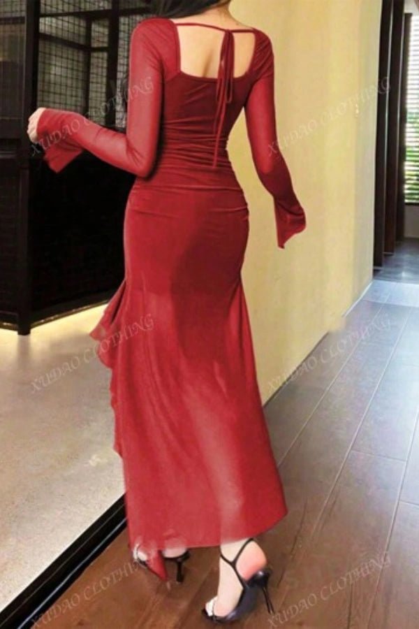 Midi dress featuring long sleeves and ruffle trim, perfect for formal occasions. 2
