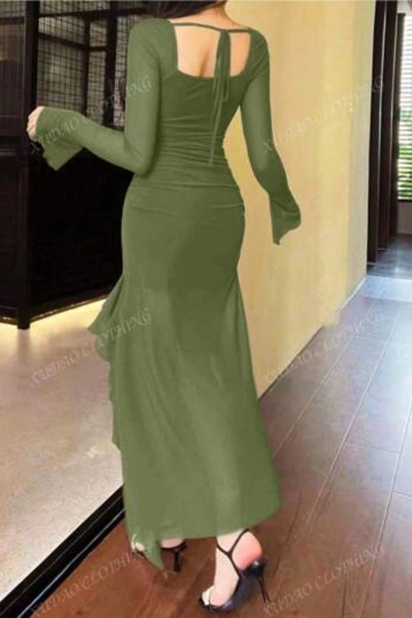 Midi dress featuring long sleeves and ruffle trim, perfect for formal occasions. 4