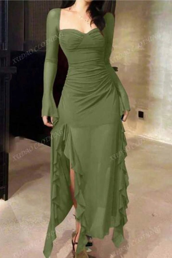 Midi dress featuring long sleeves and ruffle trim, perfect for formal occasions. 5