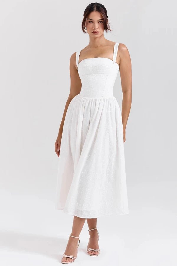 Elegant midi dress featuring an off-shoulder Bardot design with a draped silhouette, suitable for formal occasions. 10