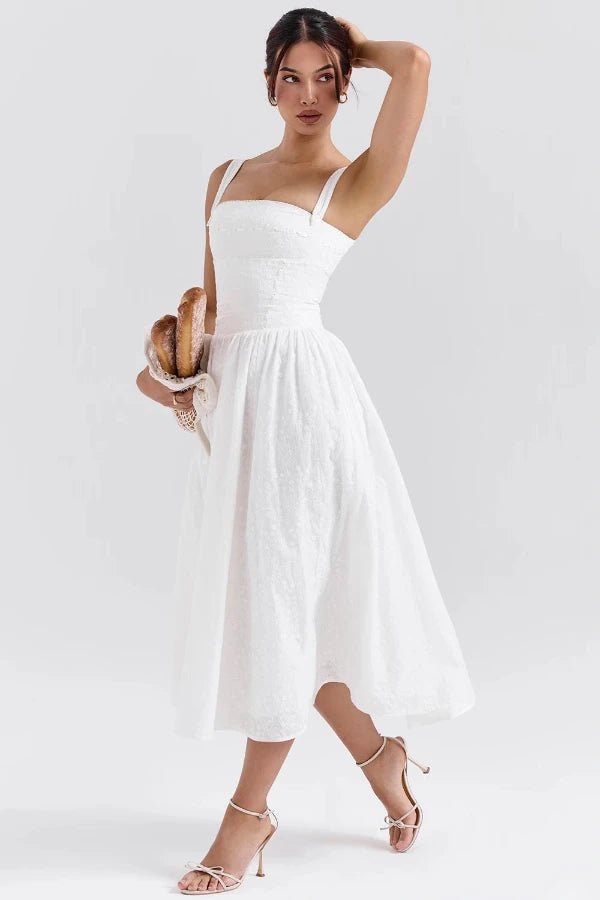 Elegant midi dress featuring an off-shoulder Bardot design with a draped silhouette, suitable for formal occasions. 8