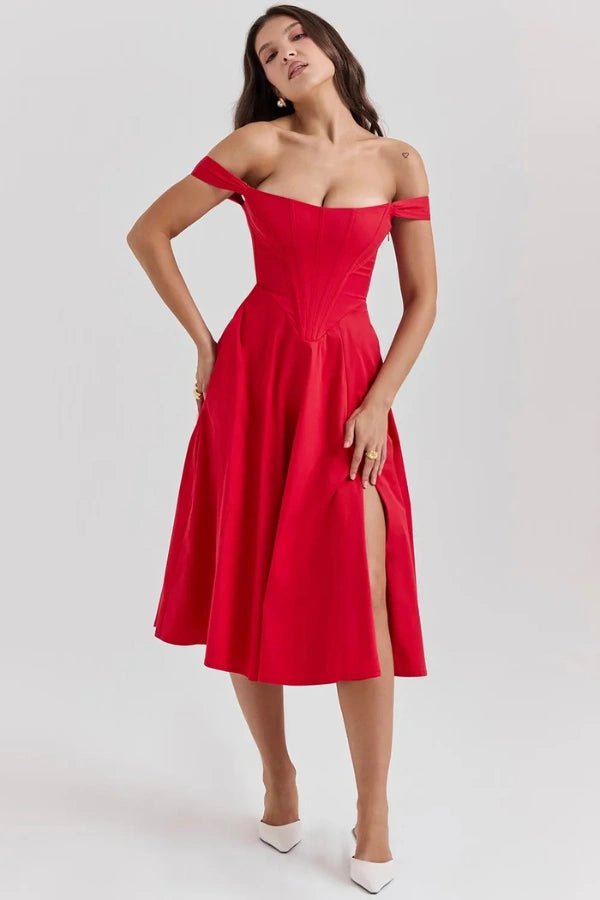 Elegant off-shoulder midi dress featuring a thigh-high split. 0