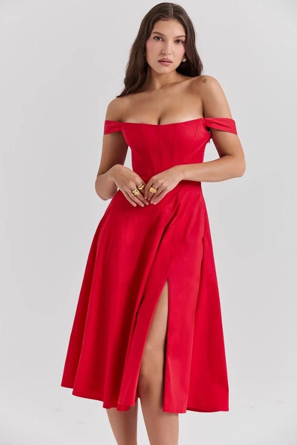 Elegant off-shoulder midi dress featuring a thigh-high split. 1