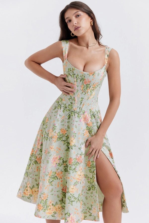 Elegant off-shoulder midi dress featuring a thigh-high split. 10