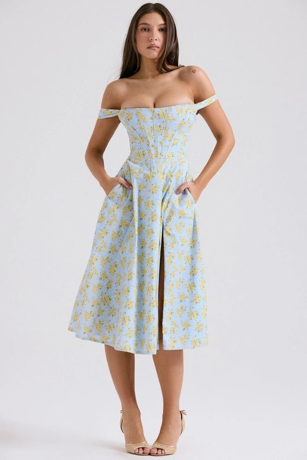 Elegant off-shoulder midi dress featuring a thigh-high split. 12