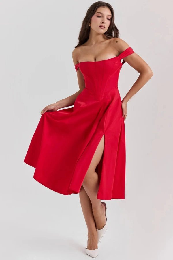Elegant off-shoulder midi dress featuring a thigh-high split. 2