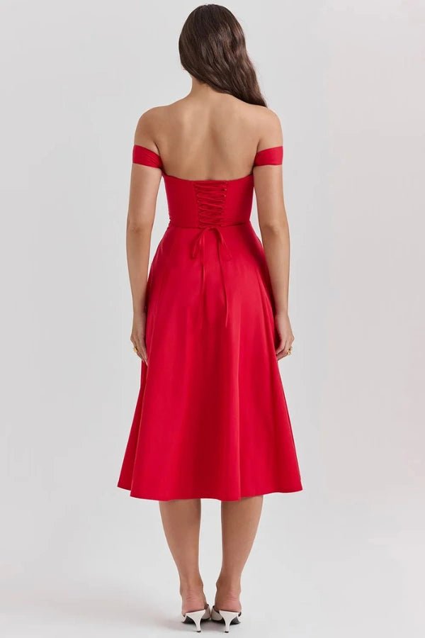 Elegant off-shoulder midi dress featuring a thigh-high split. 3