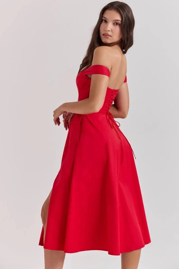 Elegant off-shoulder midi dress featuring a thigh-high split. 5