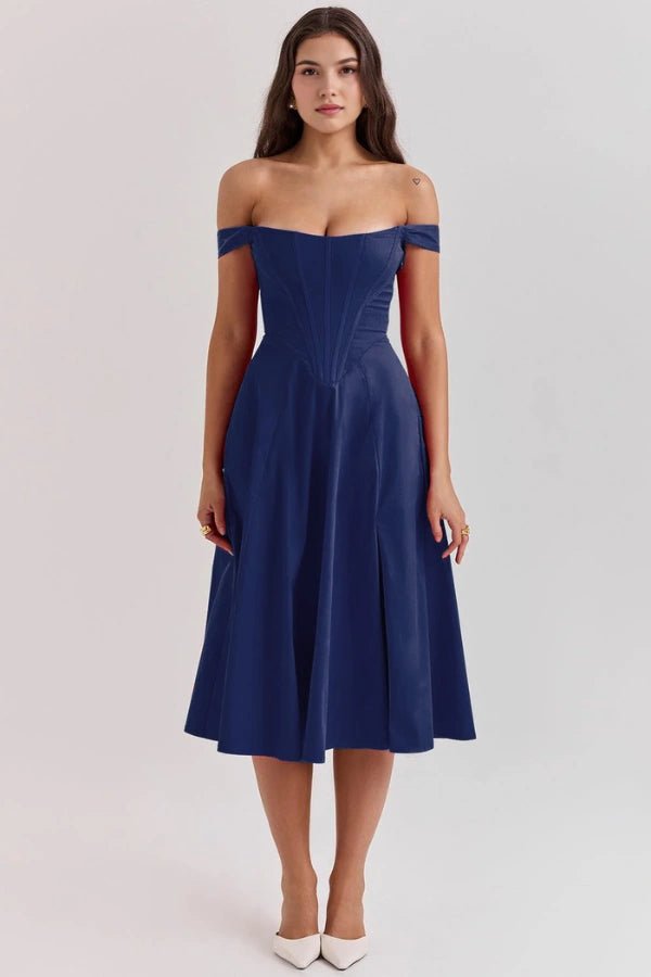 Elegant off-shoulder midi dress featuring a thigh-high split. 6