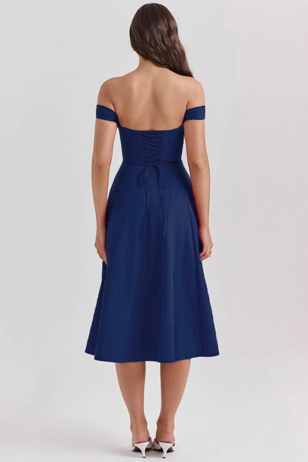 Elegant off-shoulder midi dress featuring a thigh-high split. 7