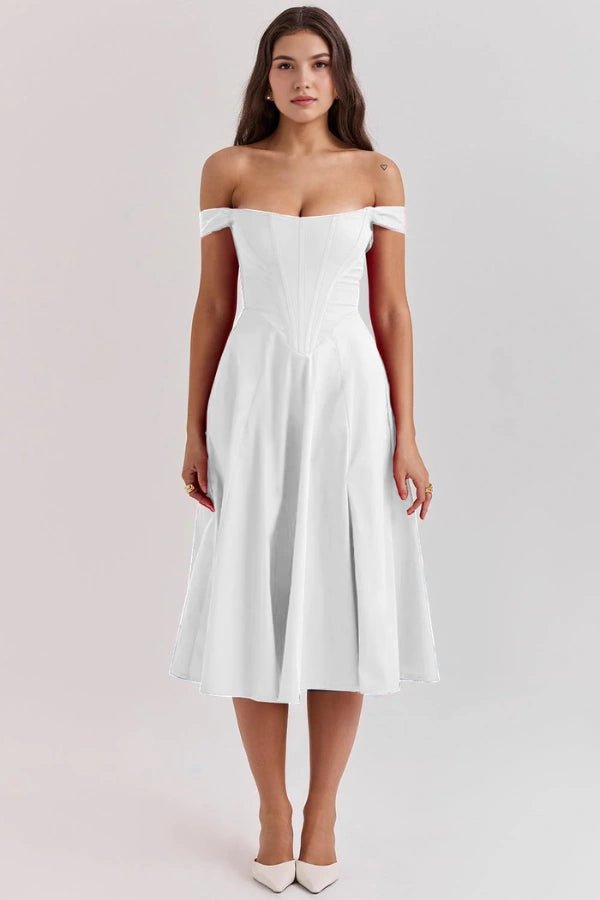 Elegant off-shoulder midi dress featuring a thigh-high split. 8