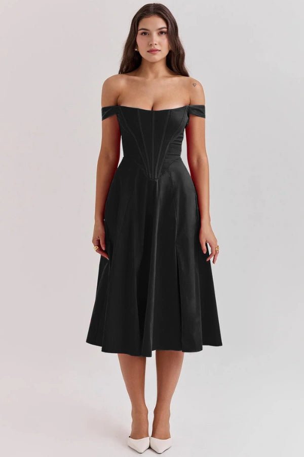 Elegant off-shoulder midi dress featuring a thigh-high split. 9